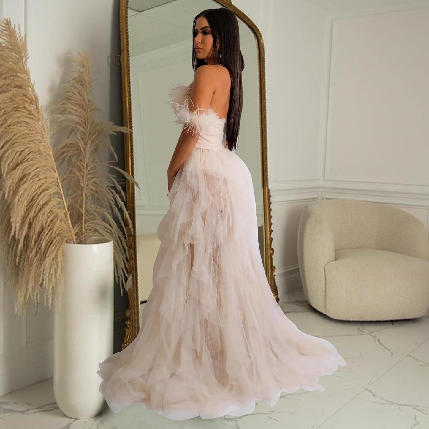 Sleeveless Backless Layered Mesh See Through Feather Long Evening Dresses