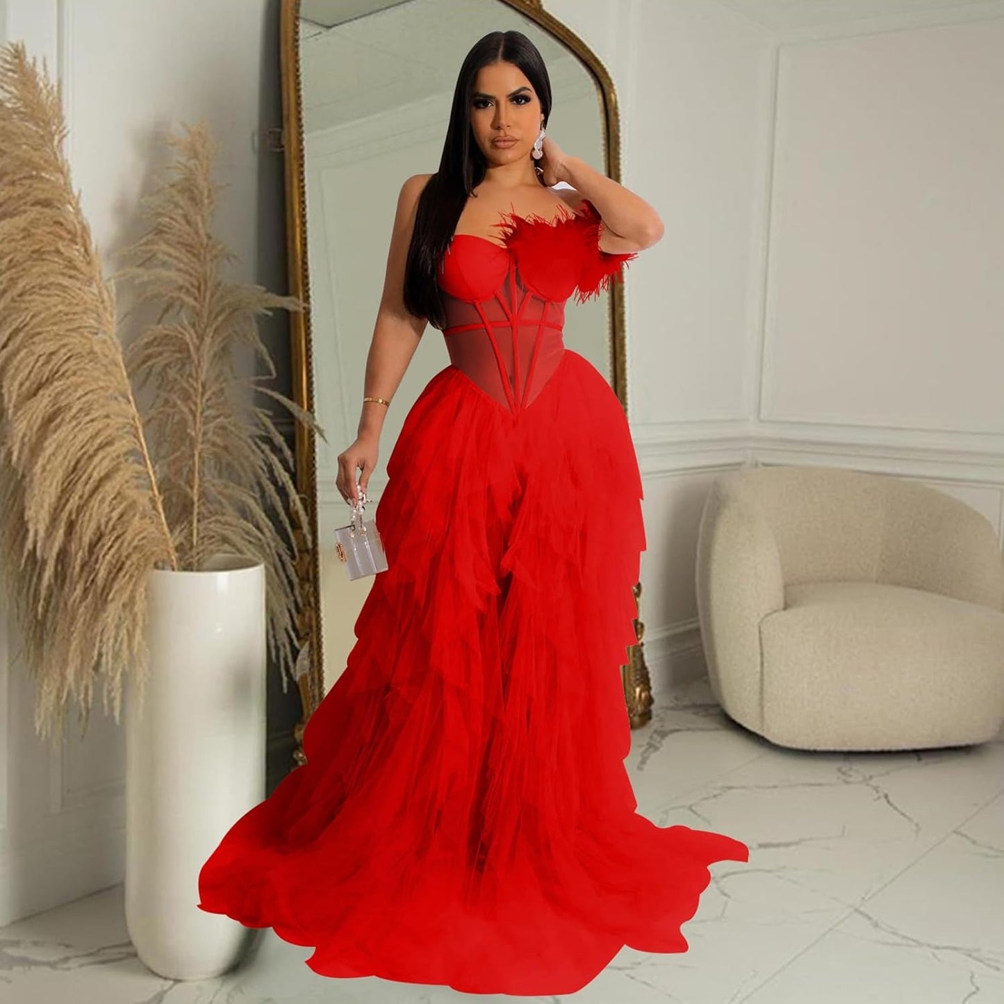 Sleeveless Backless Layered Mesh See Through Feather Long Evening Dresses