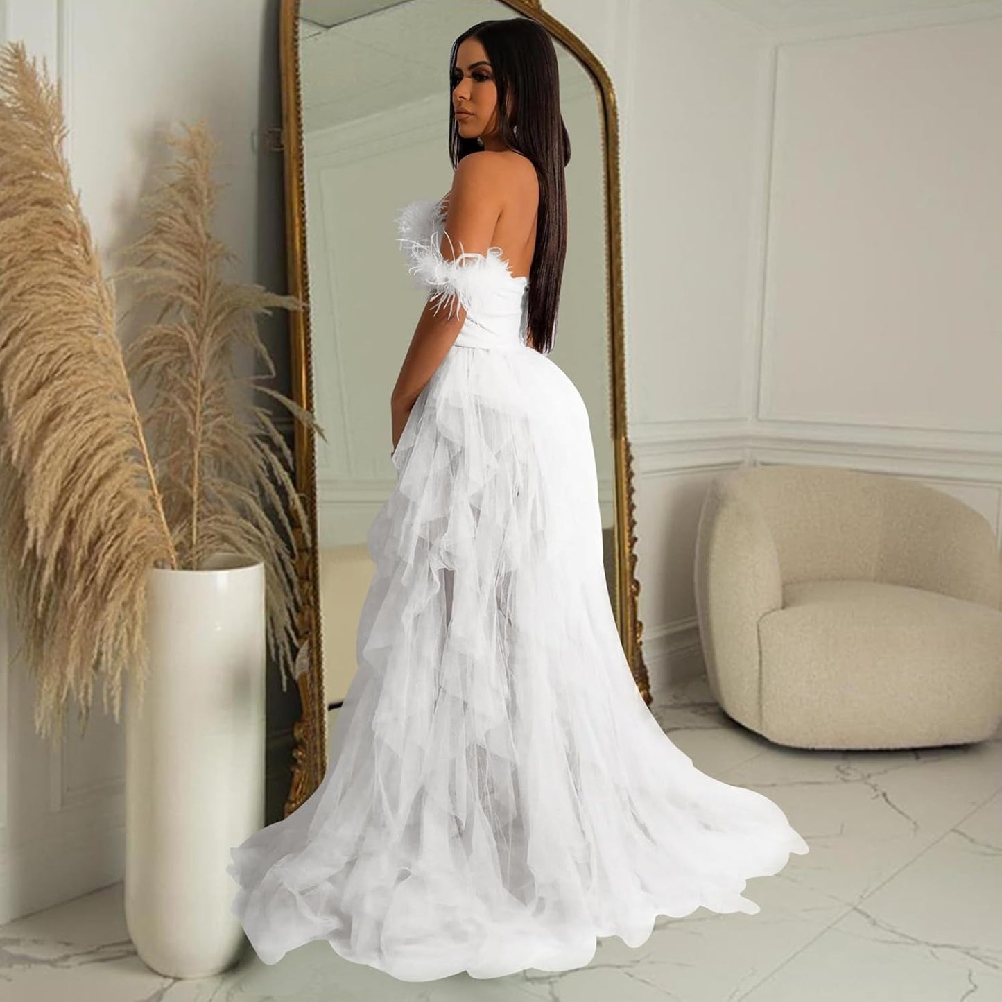 Sleeveless Backless Layered Mesh See Through Feather Long Evening Dresses