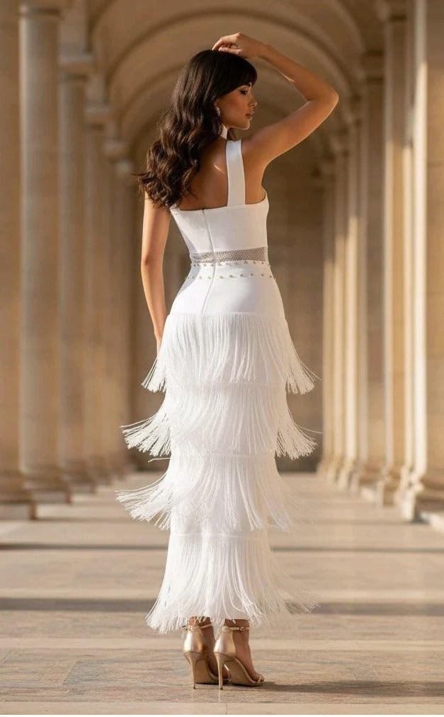 Off Shoulder Fringe Trim Bandage Dress