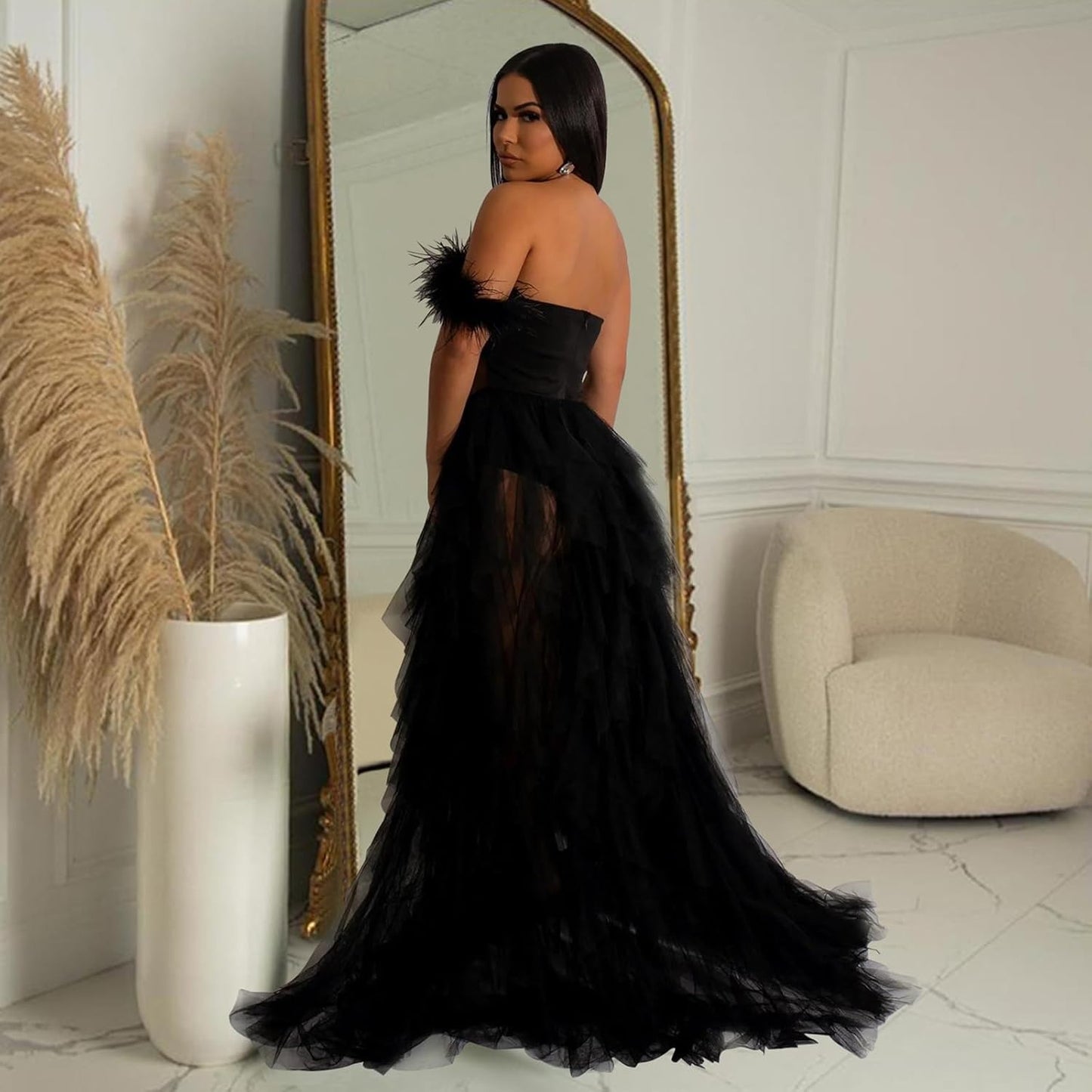Sleeveless Backless Layered Mesh See Through Feather Long Evening Dresses