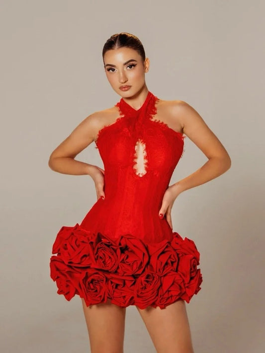3D Floral Applique Bandage Bodycon Mini Dress
