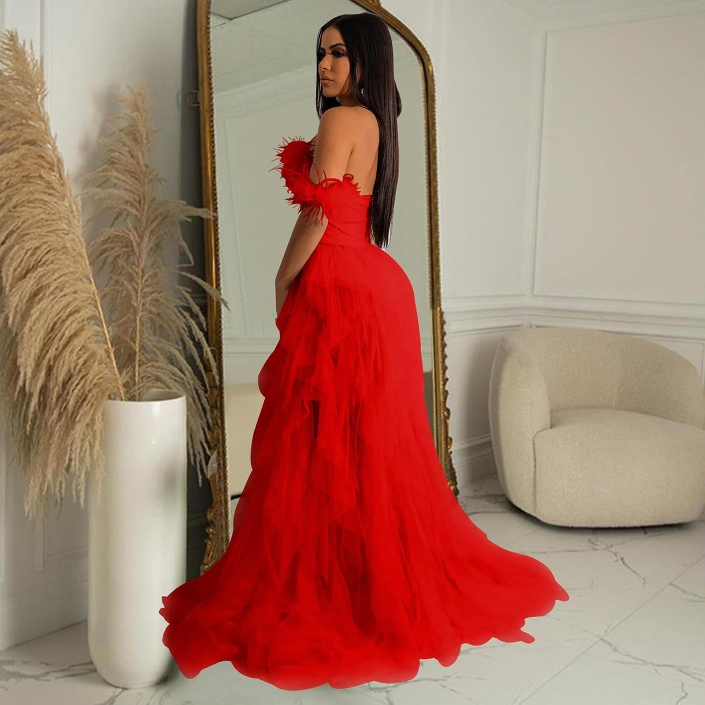 Sleeveless Backless Layered Mesh See Through Feather Long Evening Dresses
