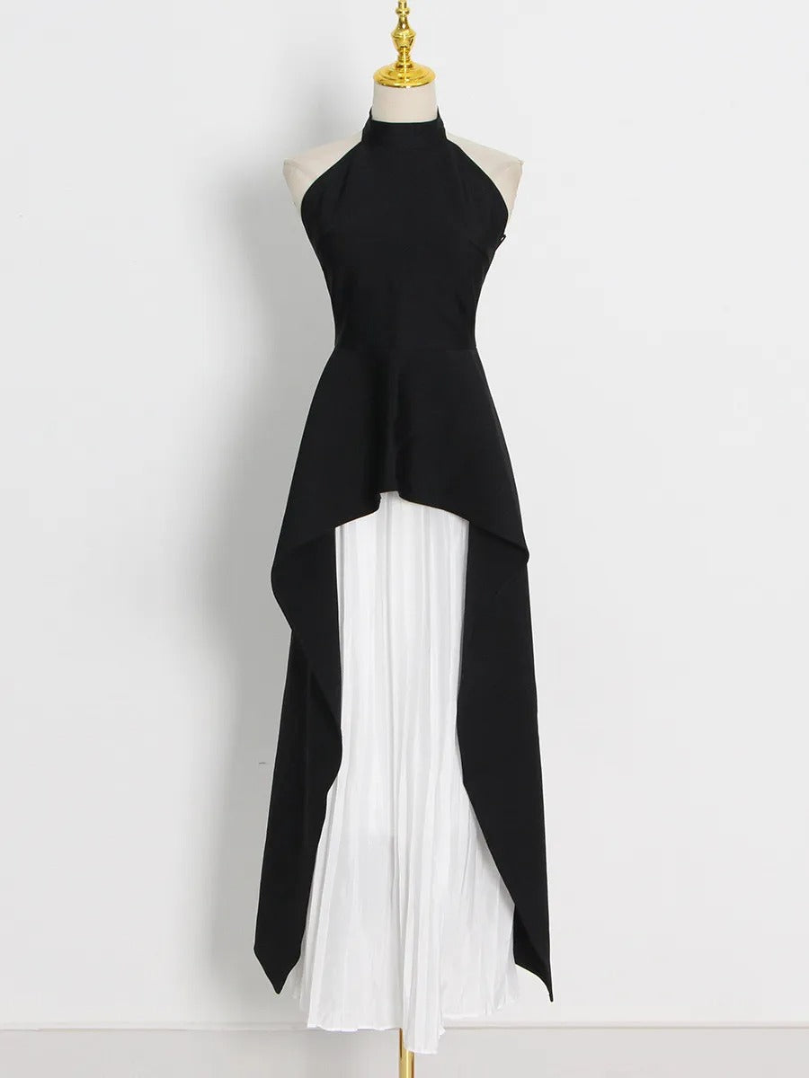 Black and White Color-Blocked Sleeveless Two-Piece Set