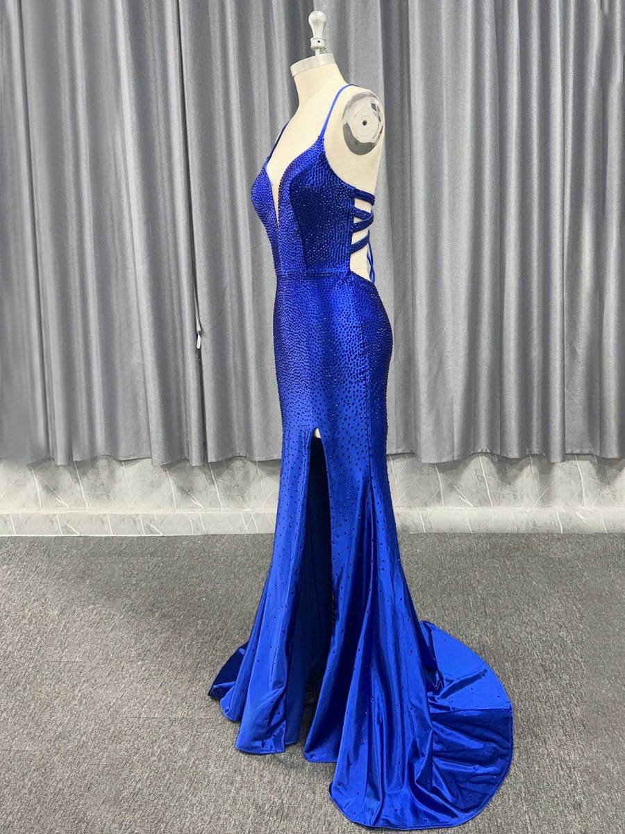 Mermaid Spaghetti Straps Beaded Satin Prom Dress with Slit