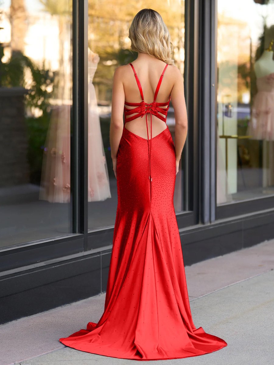 Mermaid Spaghetti Straps Beaded Satin Prom Dress with Slit