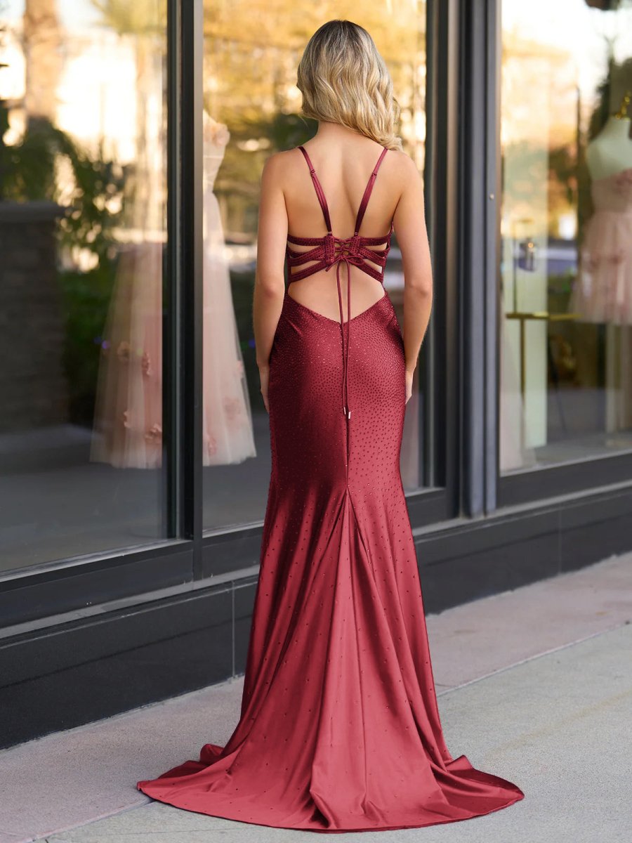 Mermaid Spaghetti Straps Beaded Satin Prom Dress with Slit