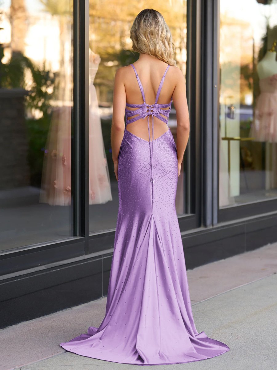Mermaid Spaghetti Straps Beaded Satin Prom Dress with Slit