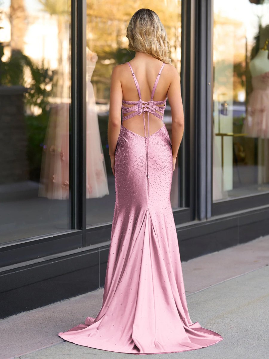 Mermaid Spaghetti Straps Beaded Satin Prom Dress with Slit