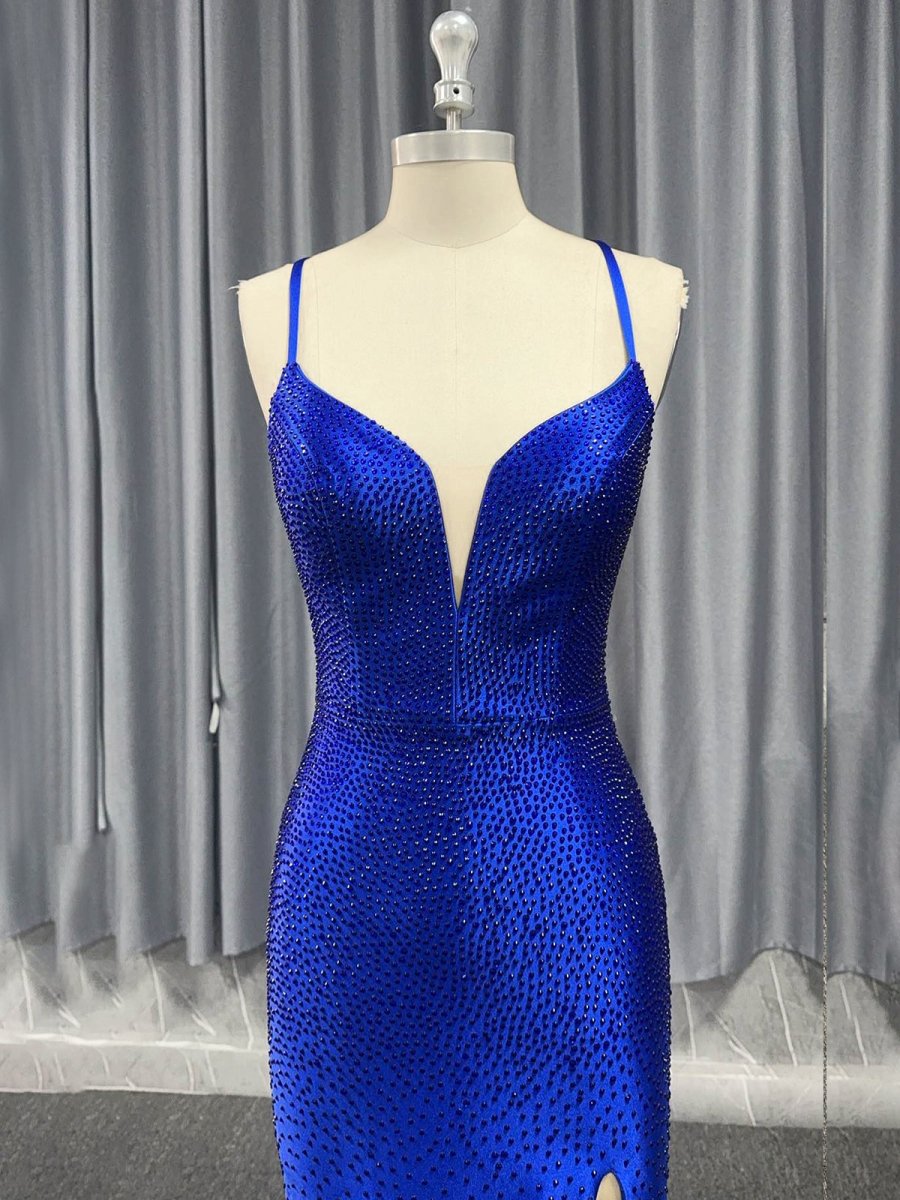 Mermaid Spaghetti Straps Beaded Satin Prom Dress with Slit