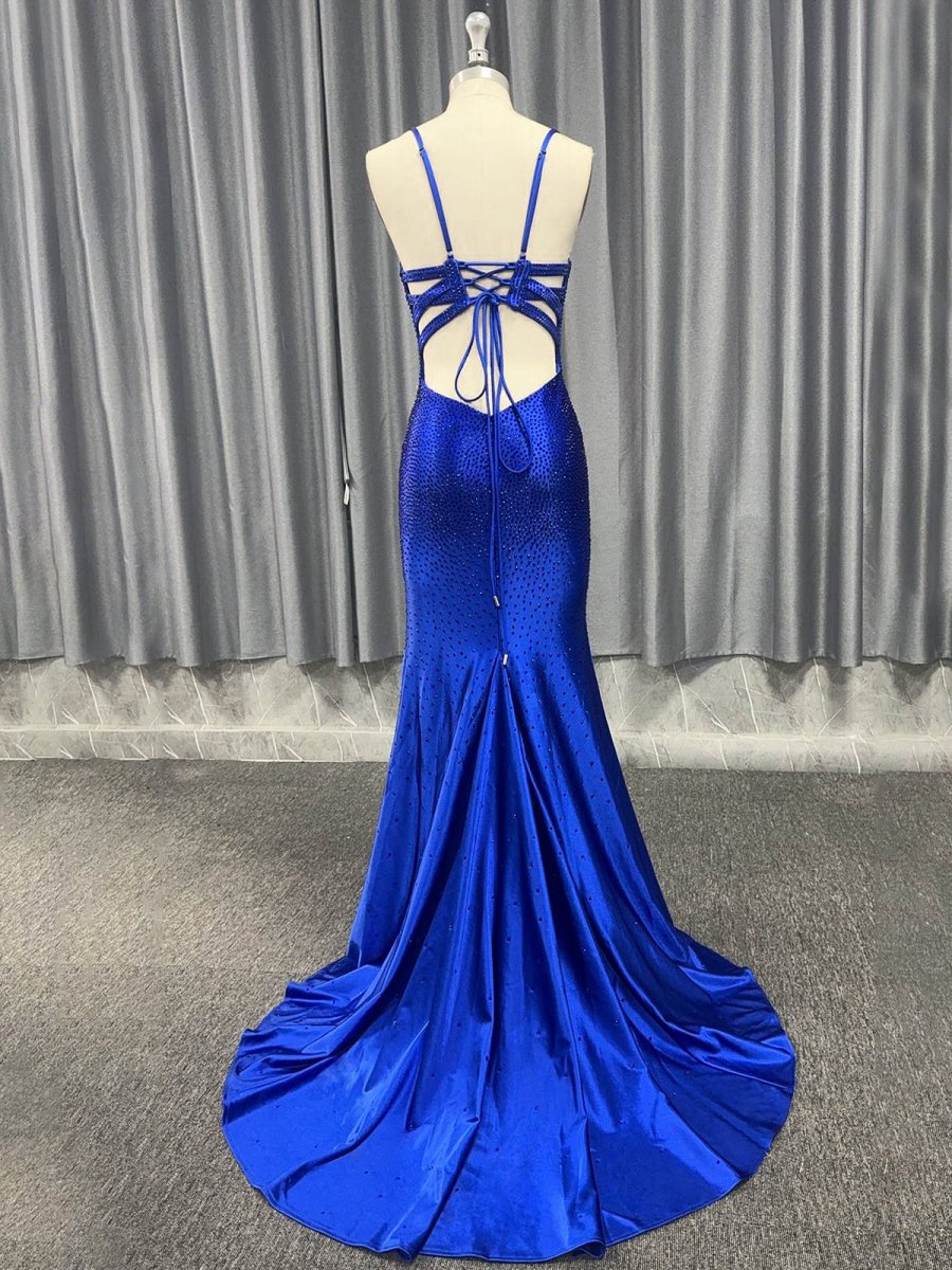 Mermaid Spaghetti Straps Beaded Satin Prom Dress with Slit