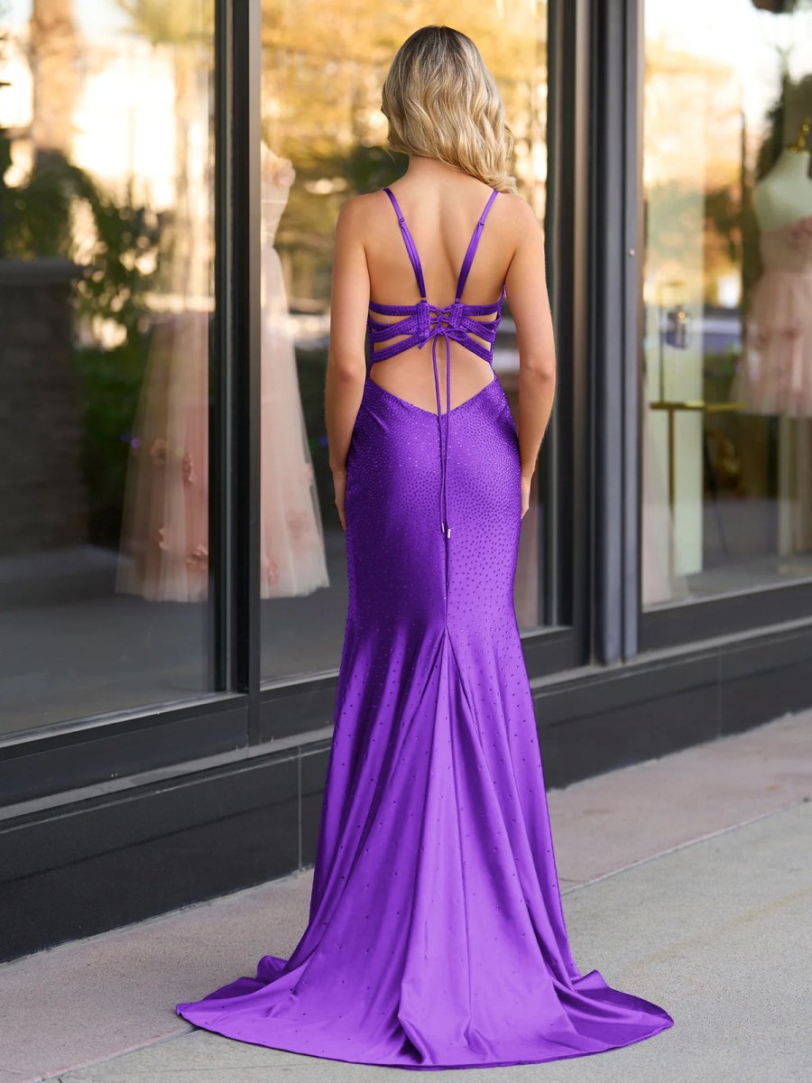 Mermaid Spaghetti Straps Beaded Satin Prom Dress with Slit