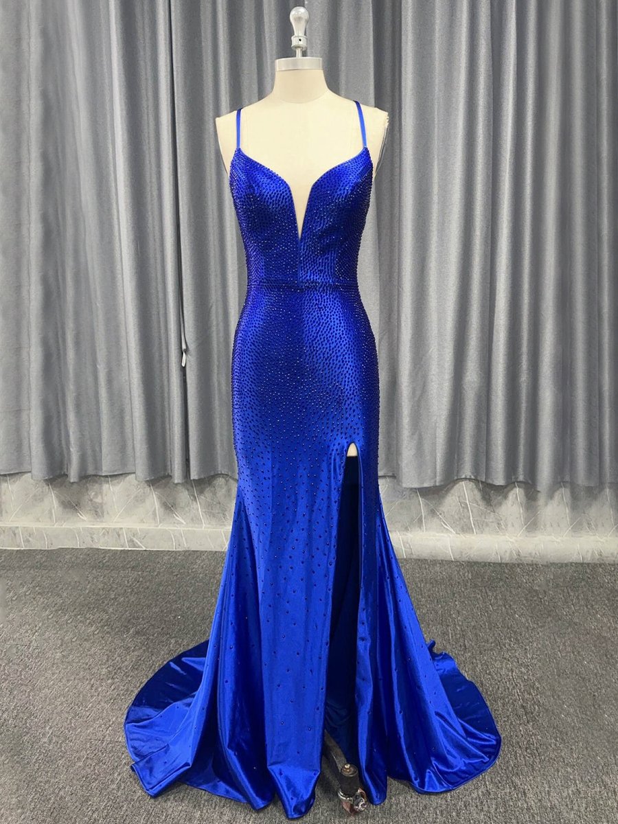 Mermaid Spaghetti Straps Beaded Satin Prom Dress with Slit