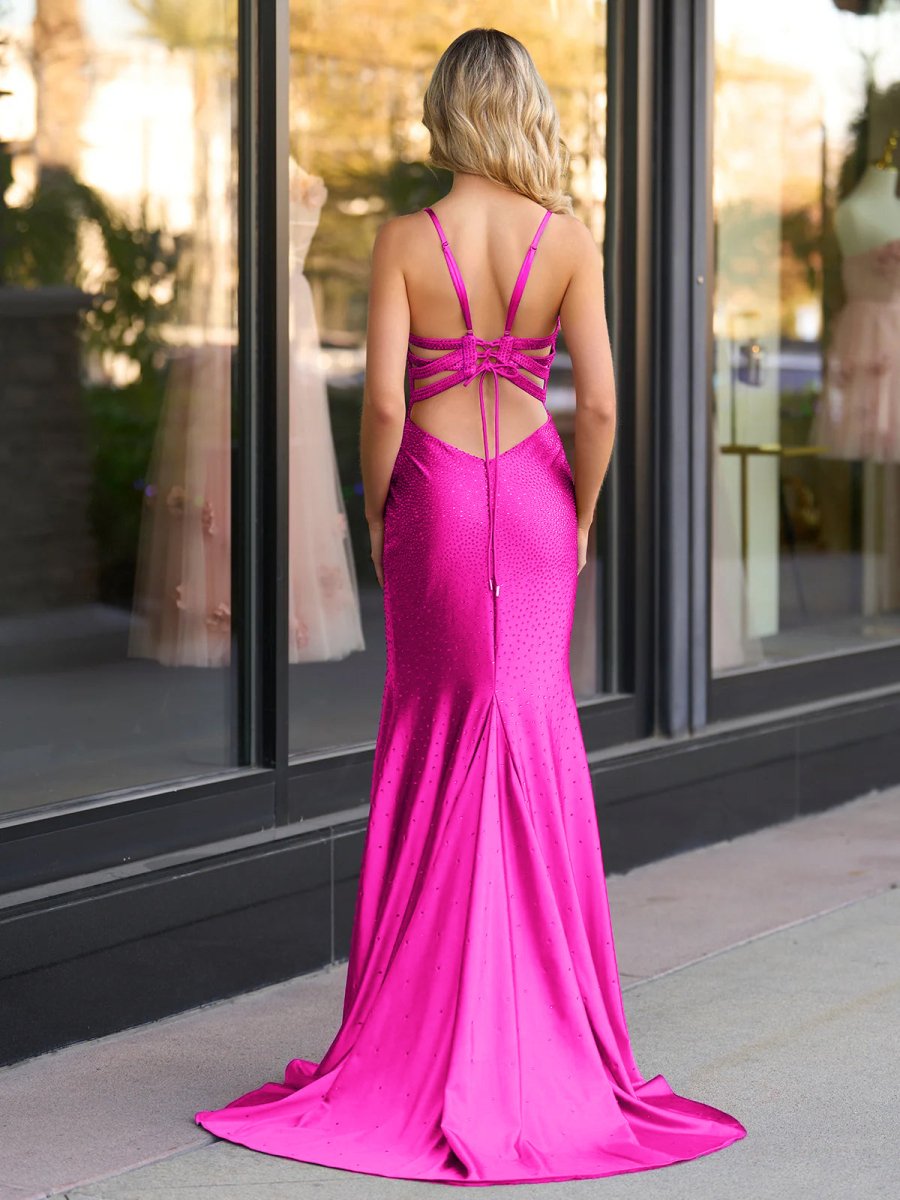 Mermaid Spaghetti Straps Beaded Satin Prom Dress with Slit