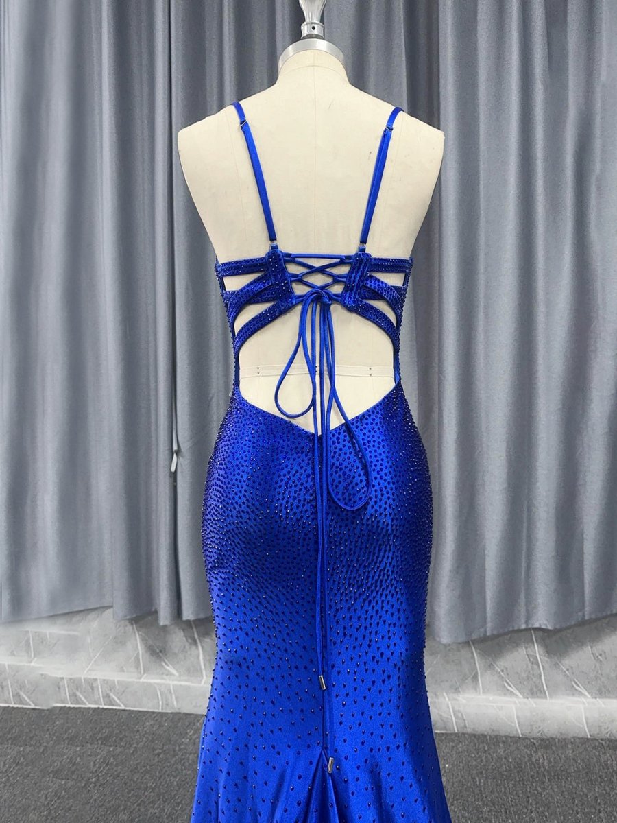 Mermaid Spaghetti Straps Beaded Satin Prom Dress with Slit
