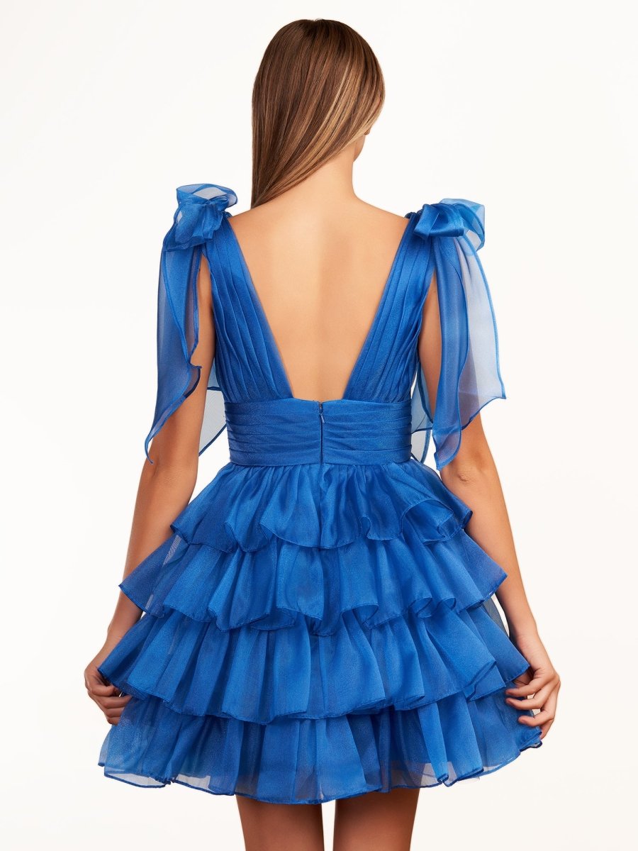 Trendy A-Line Royal Blue Tiered Homecoming Dress with Bow