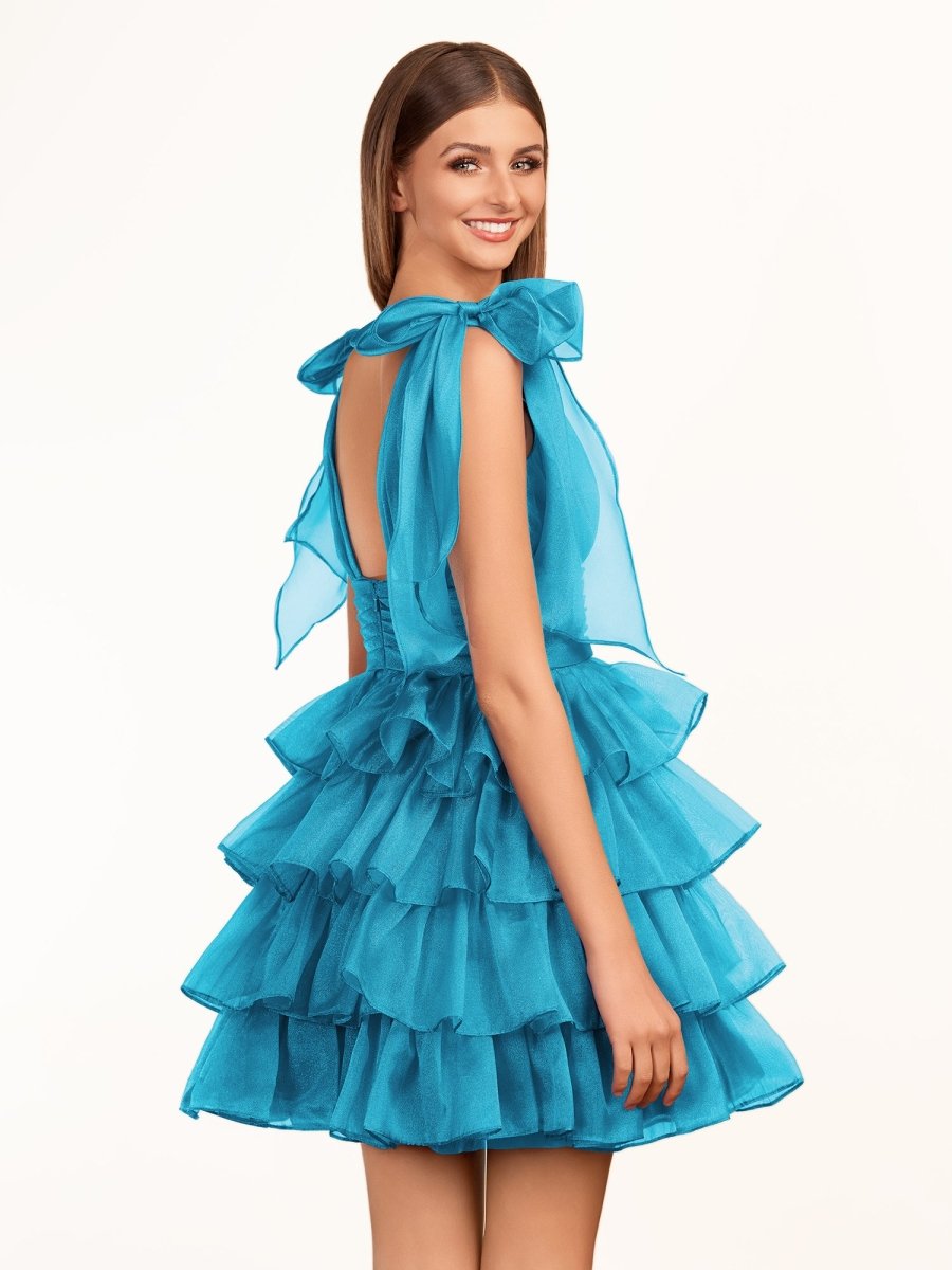 Trendy A-Line Royal Blue Tiered Homecoming Dress with Bow