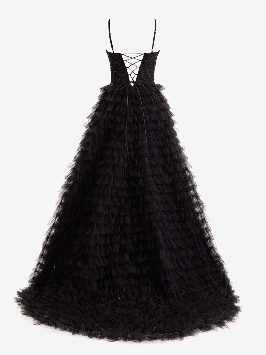 A-Line Tiered Sequins Tulle Long Prom Dress