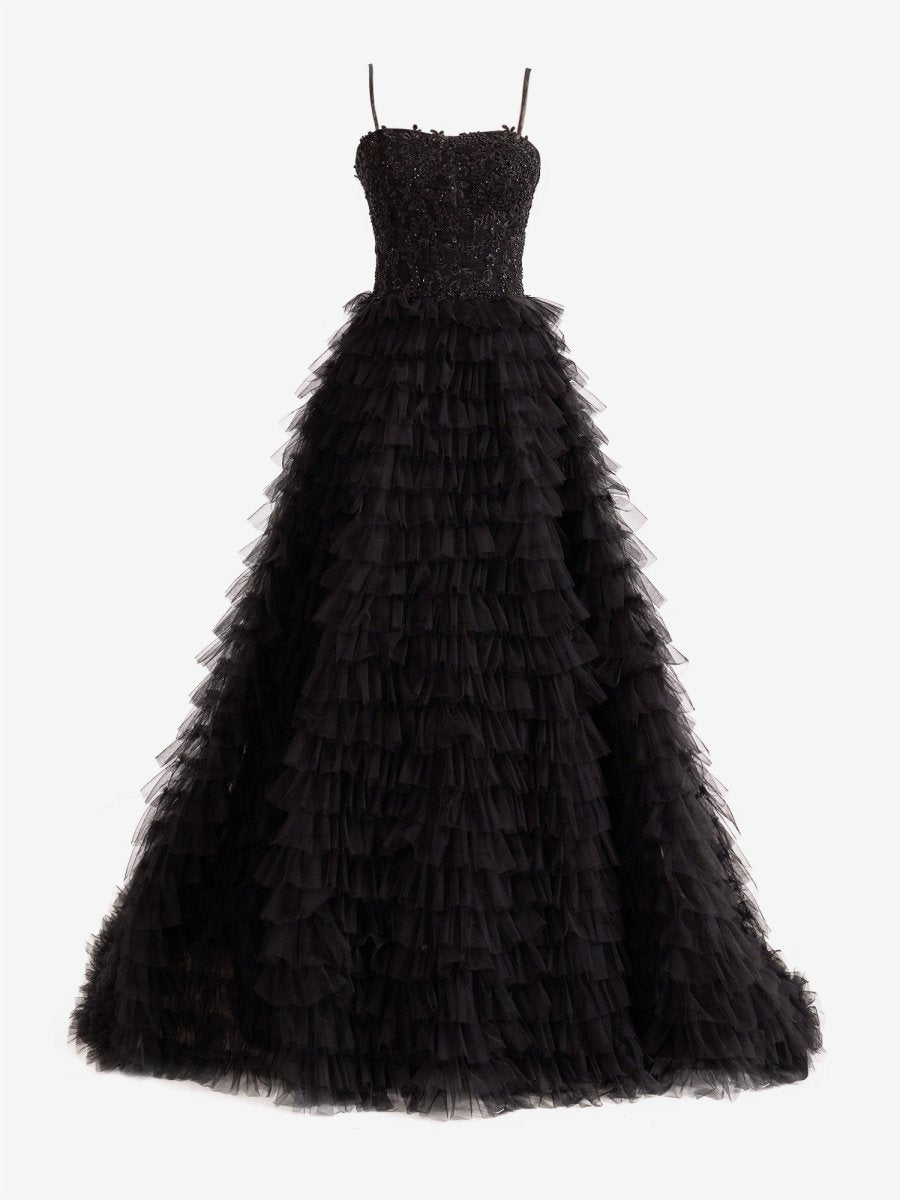 A-Line Tiered Sequins Tulle Long Prom Dress