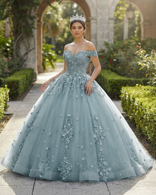 Acacia | Lace Dusty Blue Off the Shoulder Ball Gown Quinceanera Dresses
