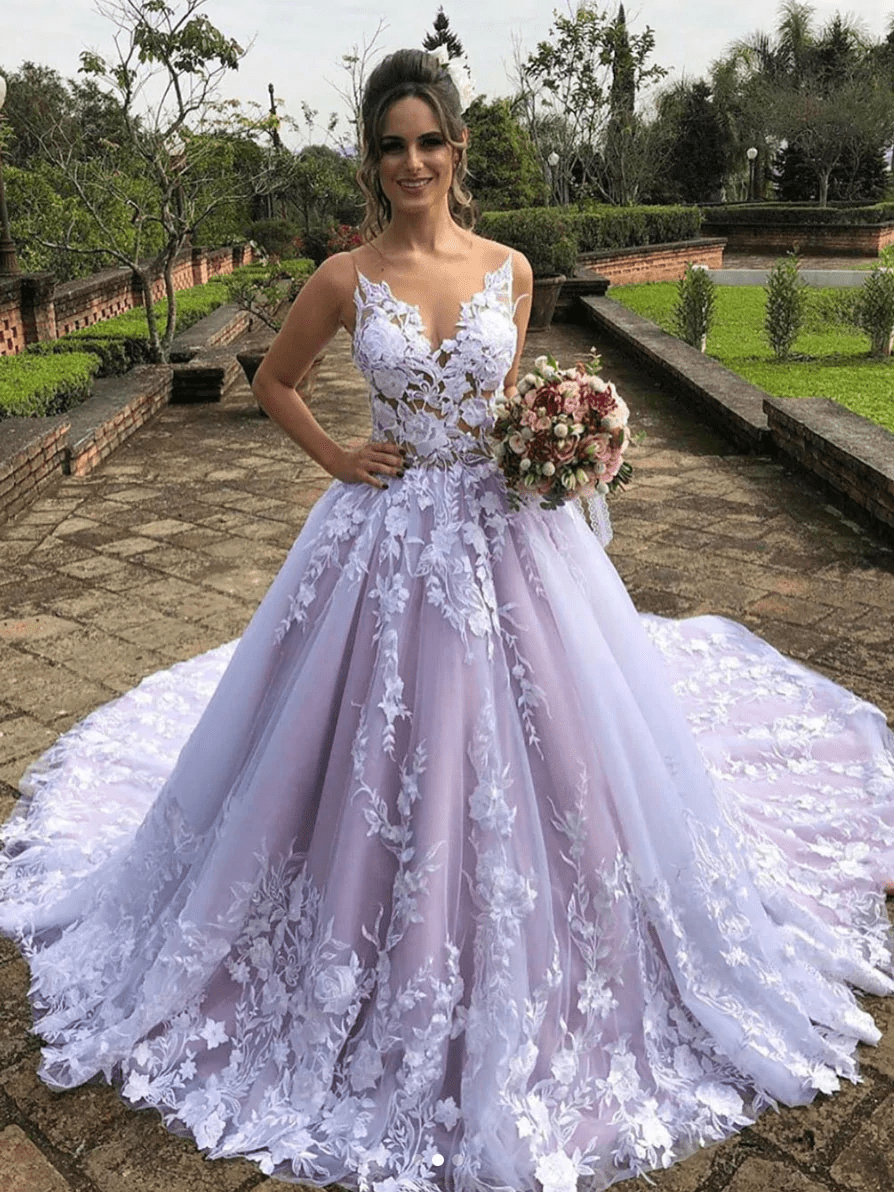 Light Purple Sleeveless A Line V-Neck Lace Wedding Dresses