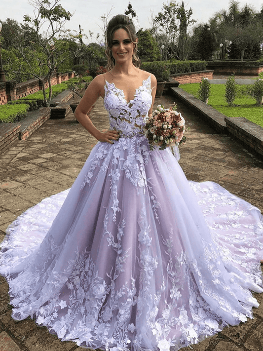 Light Purple Sleeveless A Line V-Neck Lace Wedding Dresses