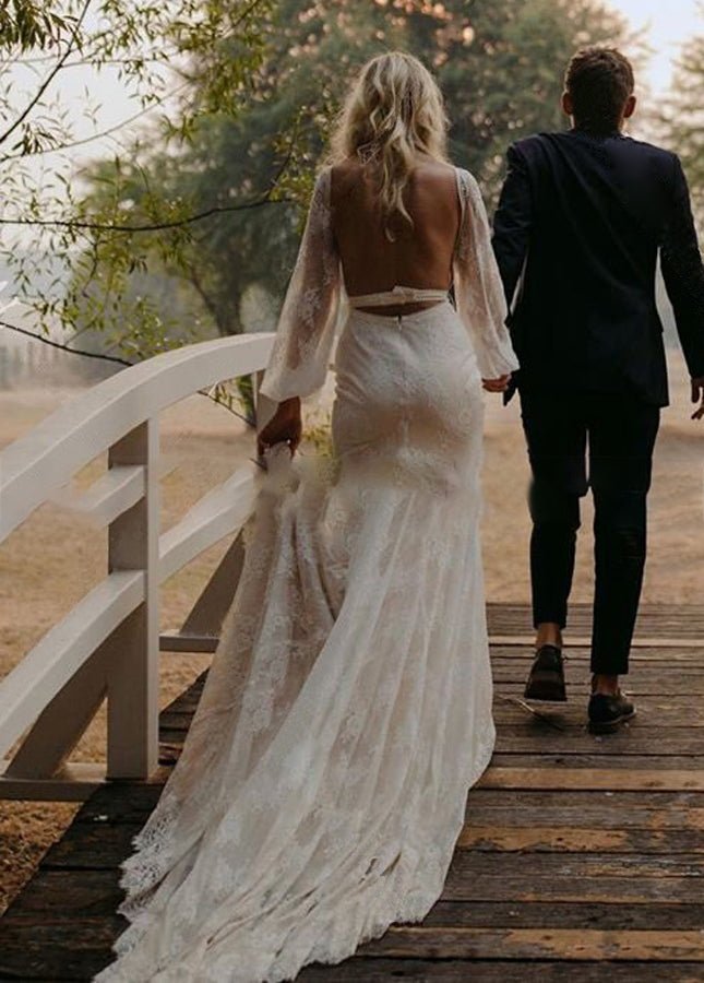 Long Lartern Sleeve Mermaid V-Neck Backless Lace Bohemian Wedding Dresses