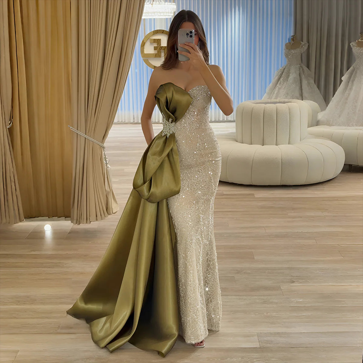 Elegant Overskirt Evening Dress with Sparkling Crystals