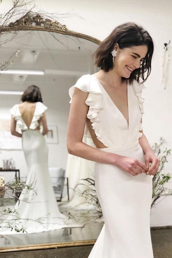 Mermaid V-Neck Cap Sleeves Backless Wedding Dress with Ruffles