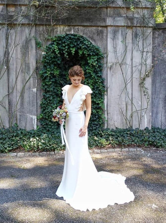Mermaid V-Neck Cap Sleeves Backless Wedding Dress with Ruffles