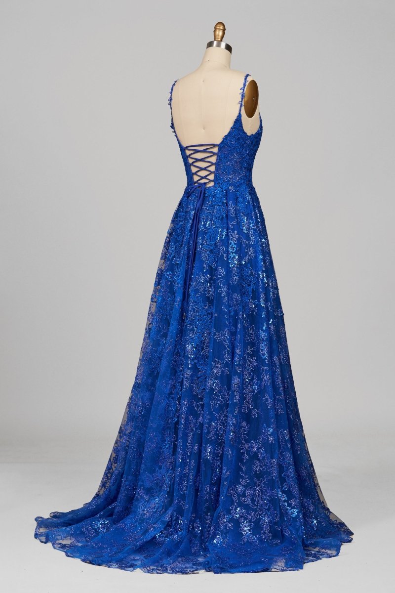 Royal Blue - A-Line Sequined Lace Spaghetti Straps Long Prom Dresses