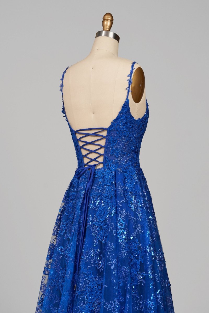 Royal Blue - A-Line Sequined Lace Spaghetti Straps Long Prom Dresses