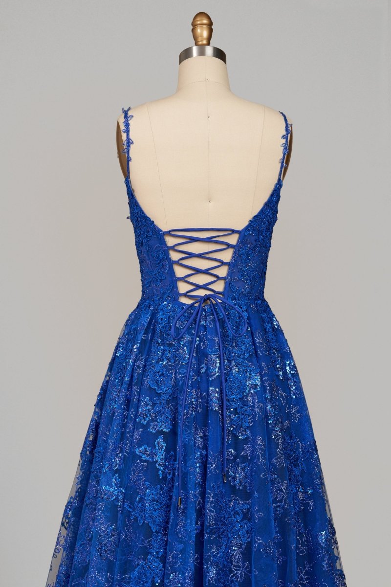 Royal Blue - A-Line Sequined Lace Spaghetti Straps Long Prom Dresses