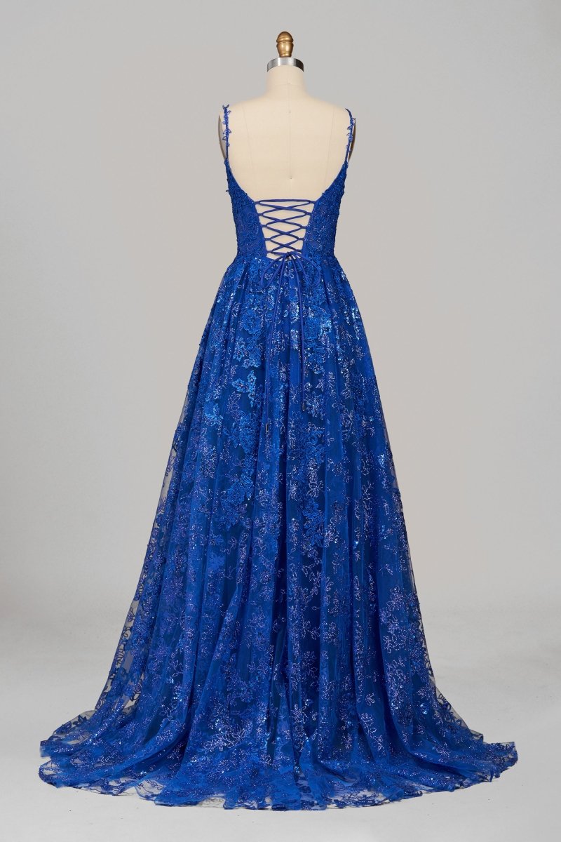 Royal Blue - A-Line Sequined Lace Spaghetti Straps Long Prom Dresses