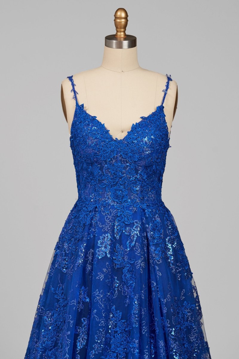 Royal Blue - A-Line Sequined Lace Spaghetti Straps Long Prom Dresses
