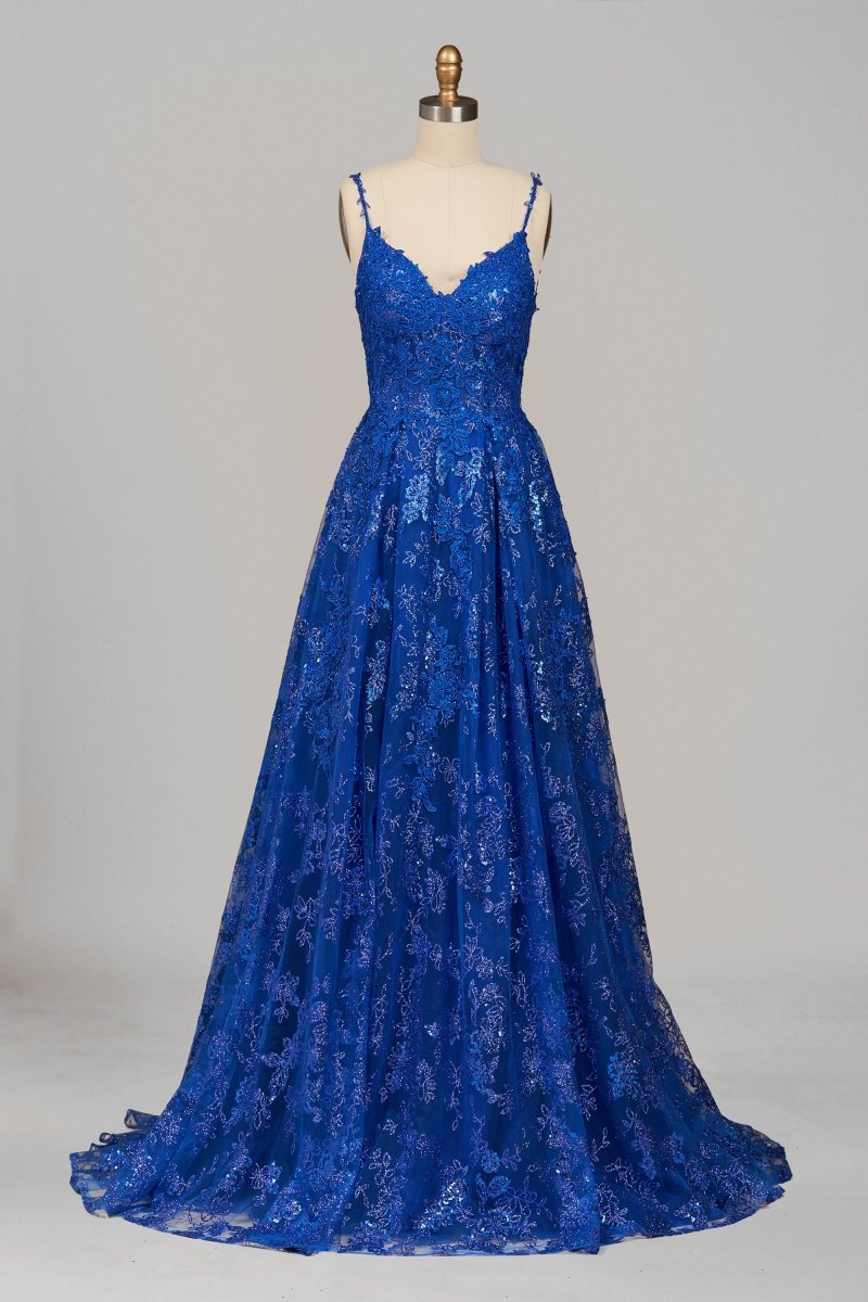 Royal Blue - A-Line Sequined Lace Spaghetti Straps Long Prom Dresses