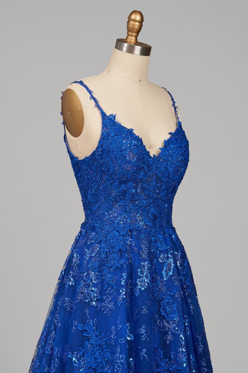 Royal Blue - A-Line Sequined Lace Spaghetti Straps Long Prom Dresses