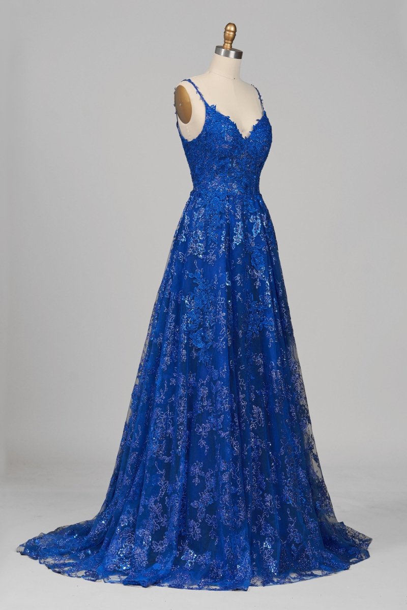 Royal Blue - A-Line Sequined Lace Spaghetti Straps Long Prom Dresses