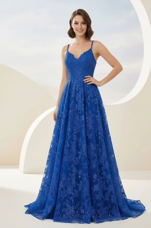 Royal Blue - A-Line Sequined Lace Spaghetti Straps Long Prom Dresses