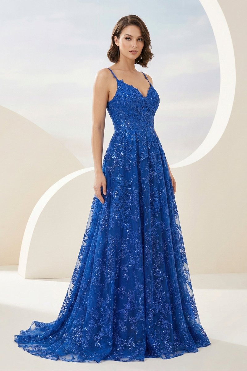 Royal Blue - A-Line Sequined Lace Spaghetti Straps Long Prom Dresses