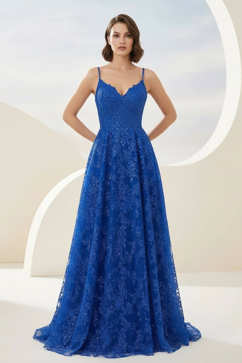 Royal Blue - A-Line Sequined Lace Spaghetti Straps Long Prom Dresses