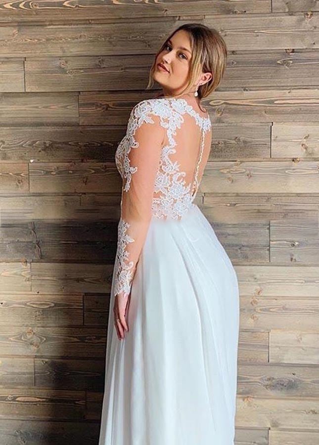 Modest Long Sleeves V-neck Lace Appliques A-Line Chiffon Beach Plus Size Wedding Dresses