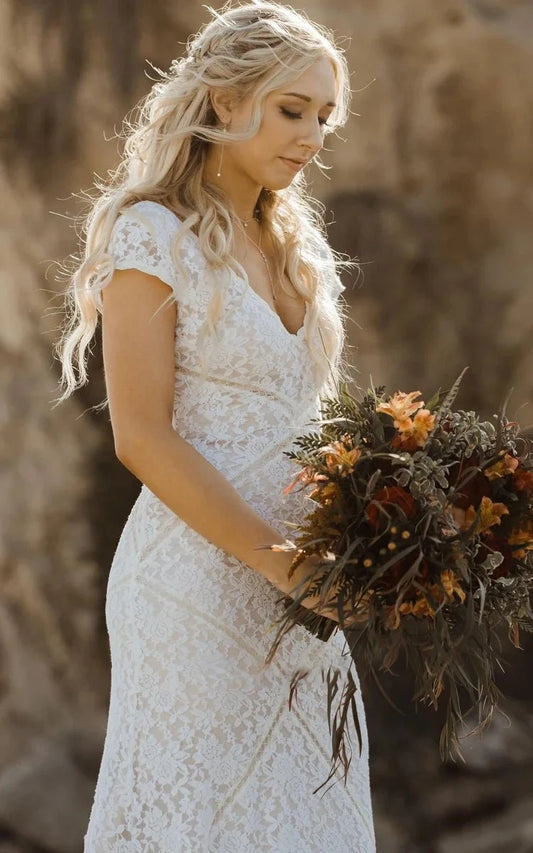 Modest Sheath Square V-neck Lace Wedding Dress with Short Sleeve Sweep Train
