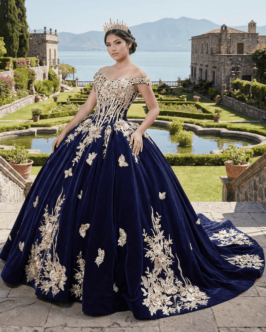 Navy Blue Velvet Quinceañera Dress With Train 3D Flower Appliques Ball Gown