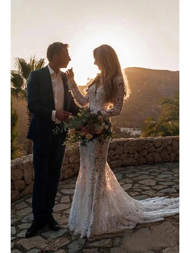 Mermaid V Neck Long Sleeve Court Train Lace Wedding Dresses
