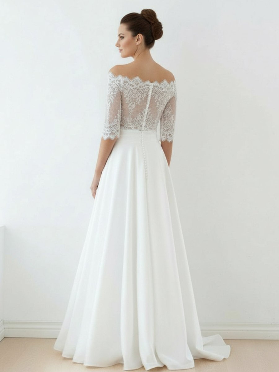 Off-The-Shoulder Lace A-Line Satin Two-Piece Wedding Dress With Sweep Train