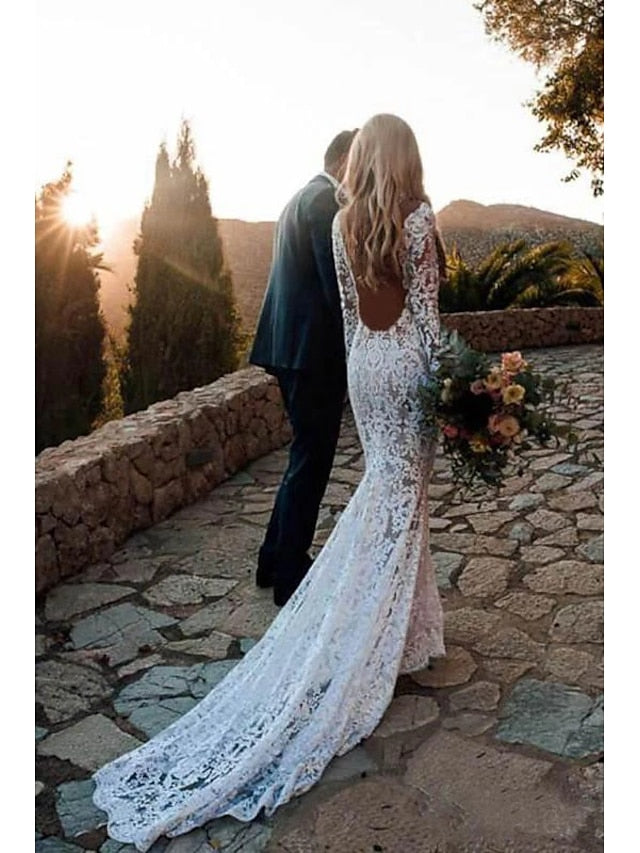 Mermaid V Neck Long Sleeve Court Train Lace Wedding Dresses