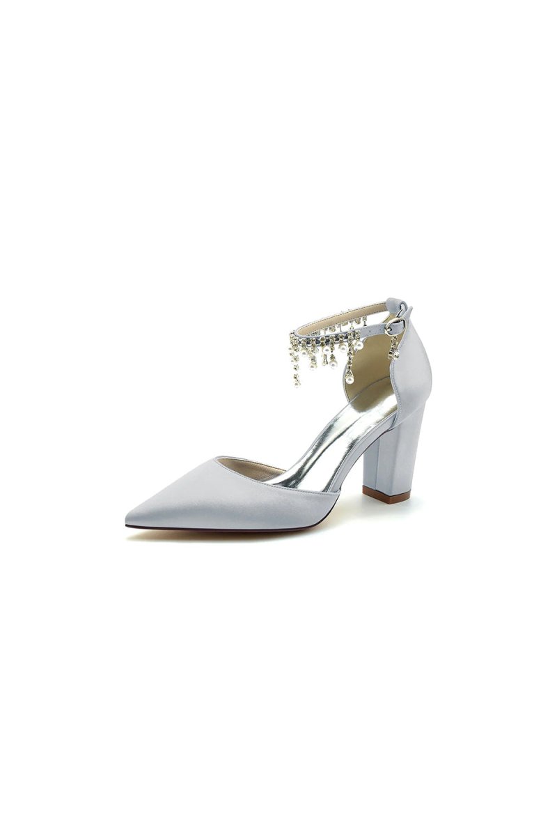 Pearl Beaded Pointed Toe Ankle Strap Chunky Heel