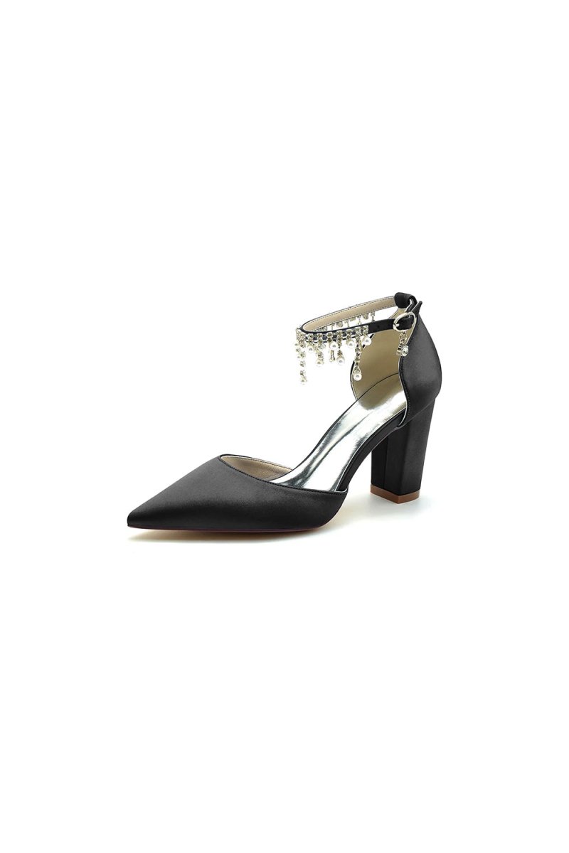 Pearl Beaded Pointed Toe Ankle Strap Chunky Heel