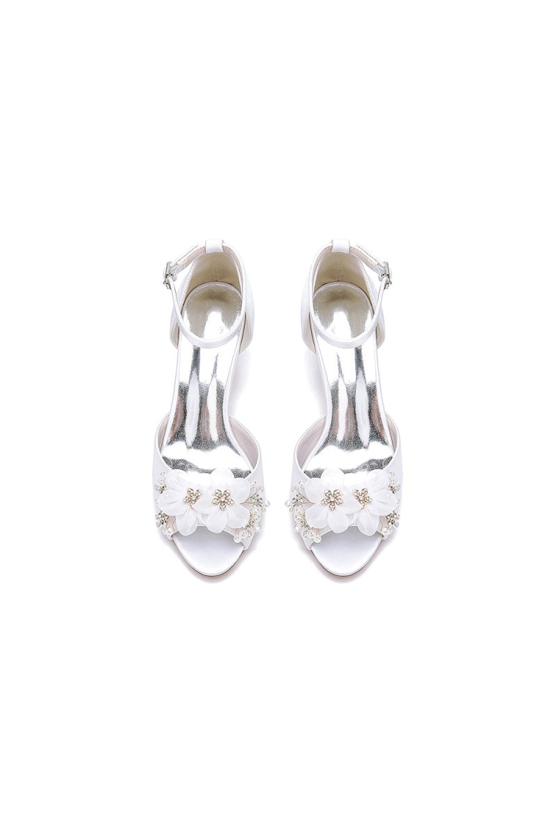 Peep Toe Rhinestone Chunky Heel Pumps with Flower